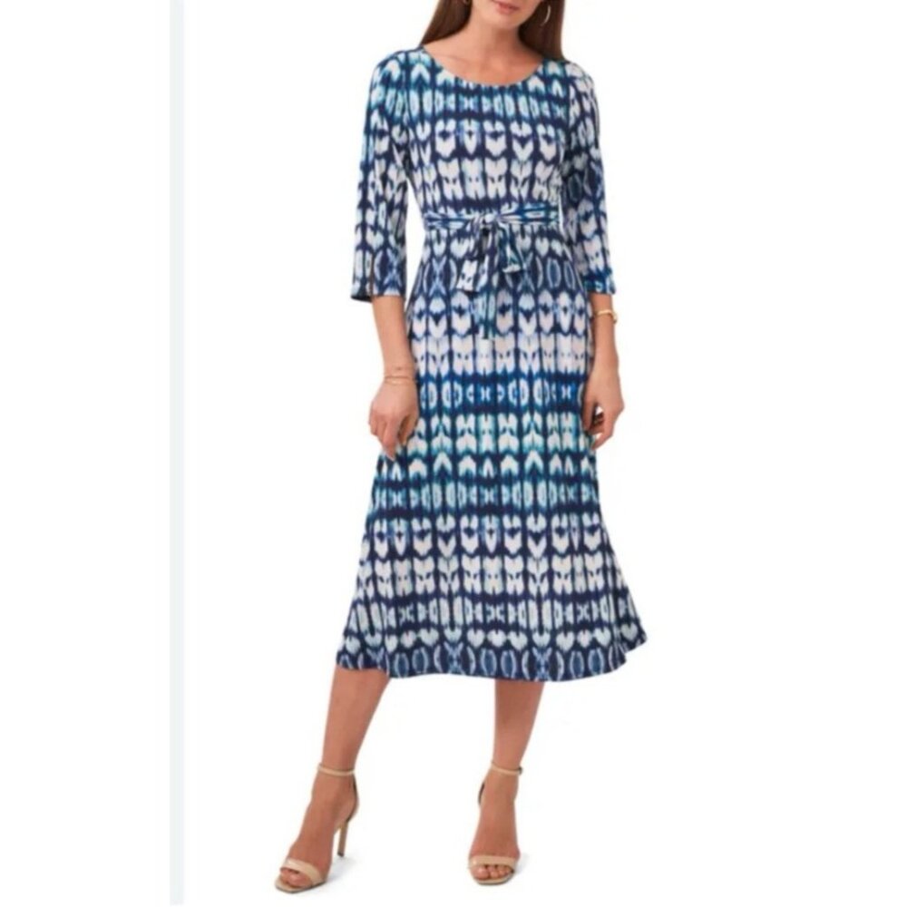 Chaus Maxi Dress Large L Blue Green White Stretch 3/4 Long Sleeve Washable